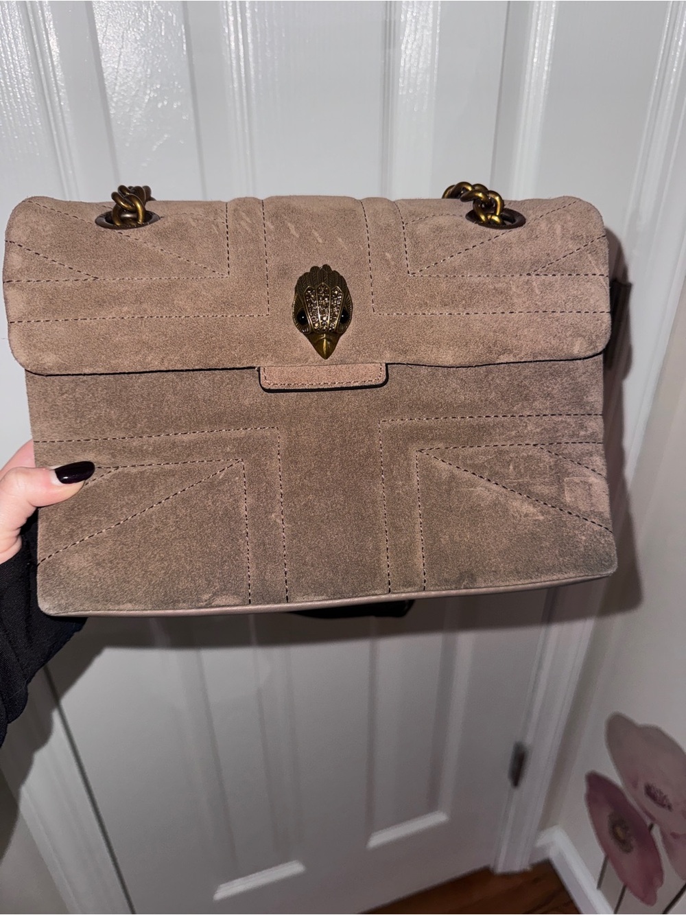 Kurt Geiger Taupe Suede Chain Shoulder Bag with Gold Hardware